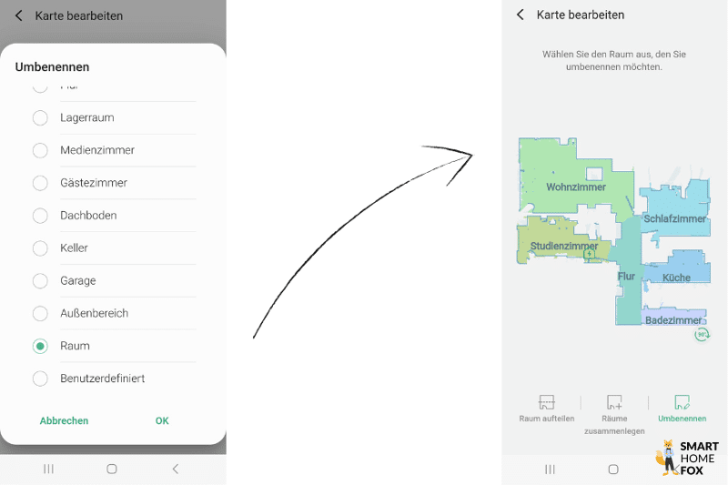 Räumen werden in der Samsung Jet Bot AI App Namen zugeteilt.